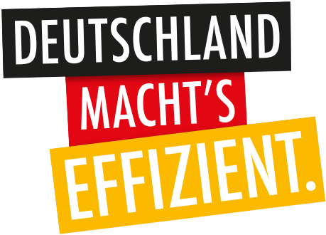Ein Logo mit den Worten "DEUTSCHLAND MACHTS EFFIZIENT." in schwarz, rot und gelb.