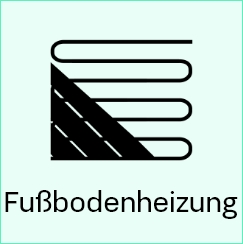 Ein Symbol mit Wellenlinien und diagonalen Streifen, darunter der Text "Fußbodenheizung".