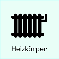 Ein Symbol eines Heizkörpers mit horizontalen Streben und der Beschriftung "Heizkörper".