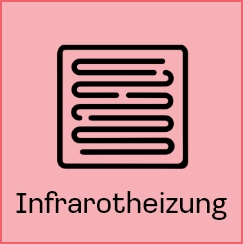 Ein Symbol mit horizontalen Wellenlinien in einem schwarzen Rechteck auf rosa Hintergrund, darunter der Text "Infrartheizung".