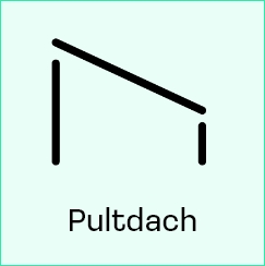 Ein Symbol mit einer schrägen Linie über zwei vertikalen Linien, darunter der Text "Pultdach".