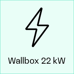 Ein Symbol mit einem Blitz und dem Text "Wallbox 22 kW" auf einem hellblauen Hintergrund.